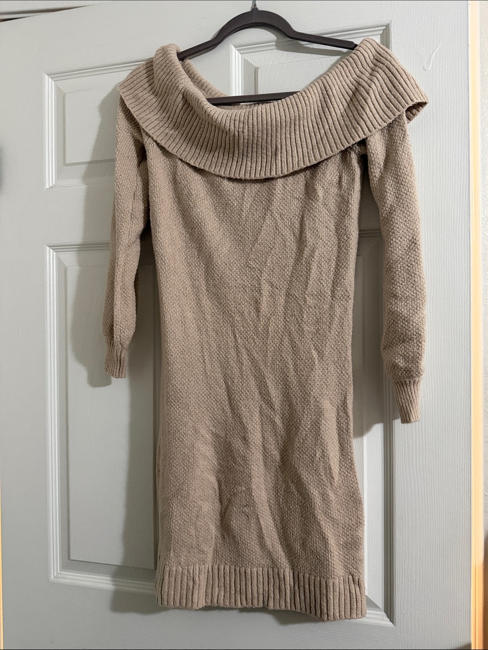 American Eagle Outfitters Taupe Off-the-Shoulder Knit Sweater Dress